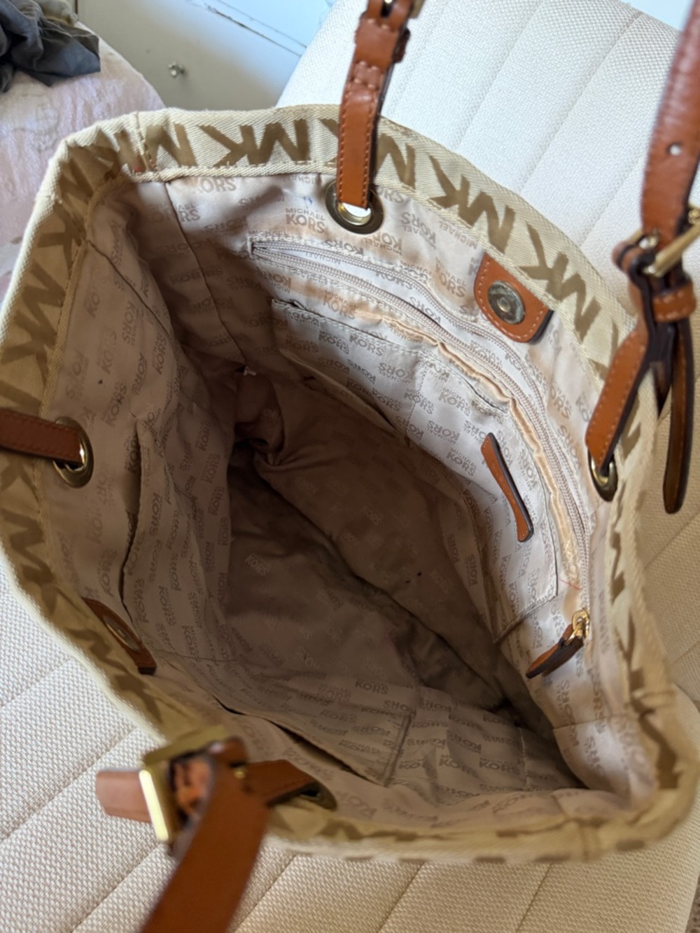 Michael Kors Tan Monogram Tote with Brown Leather Handles - Picture 4 of 7